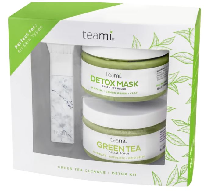 teami green tea facial scrub and teami detox mask bundle in a package