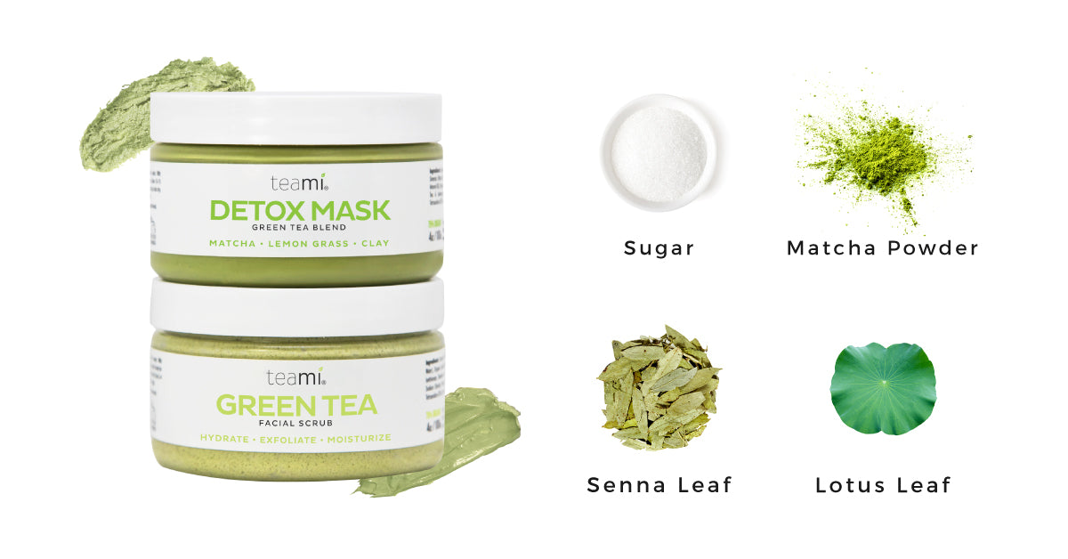 teami green tea and detox kit showing ingredients such as sugar, matcha powder, senna leaf and lotus leaf
