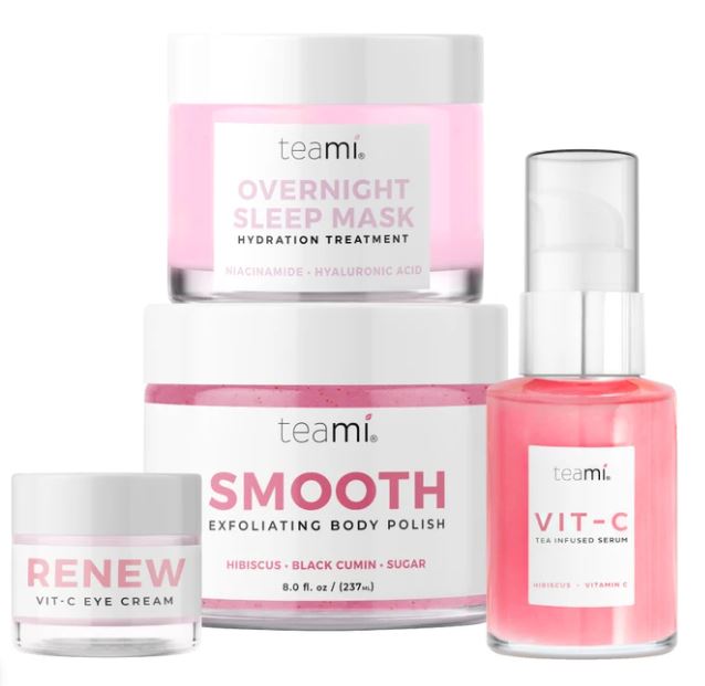 Teami Think Pink bundle products - overnight sleep mask, renew vit c cream, smooth body polish and vit c serum