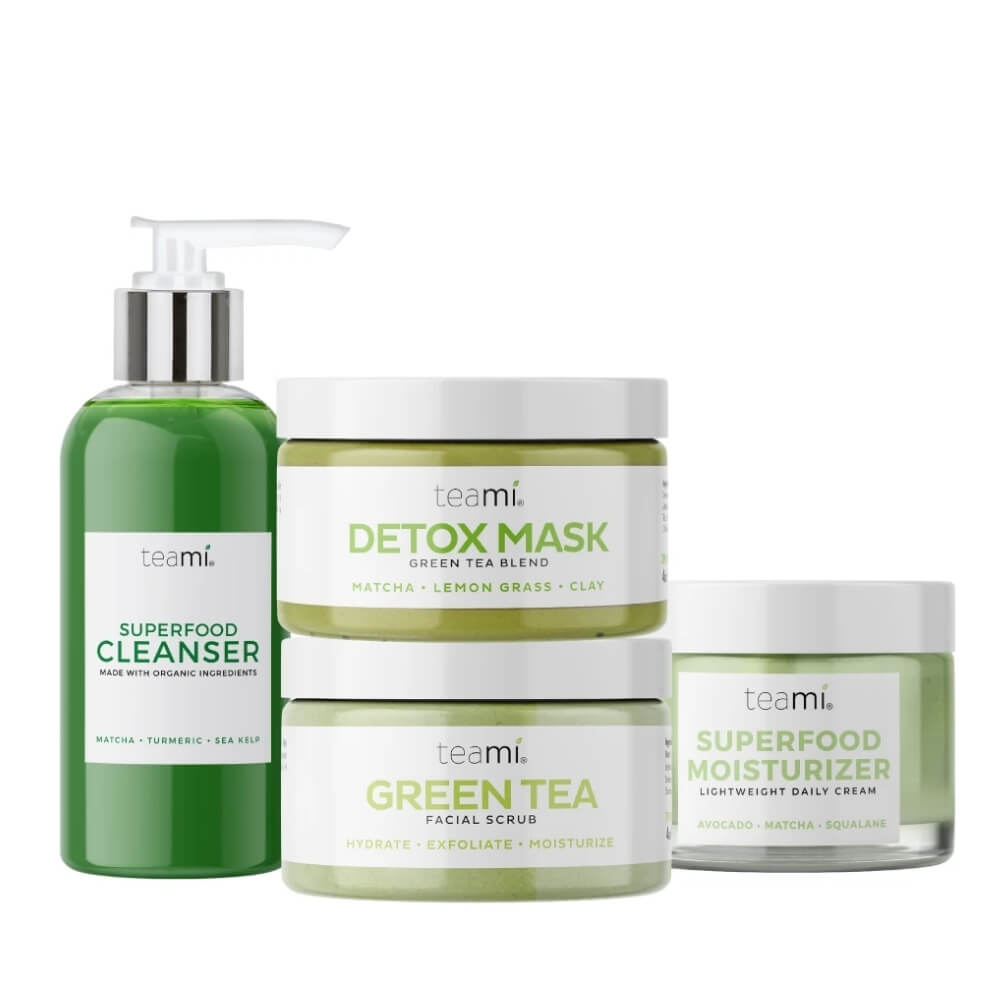 Teami acne rescue bundle with superfood moisturizer, green tea facial scrub, detox mask and superfood cleanser