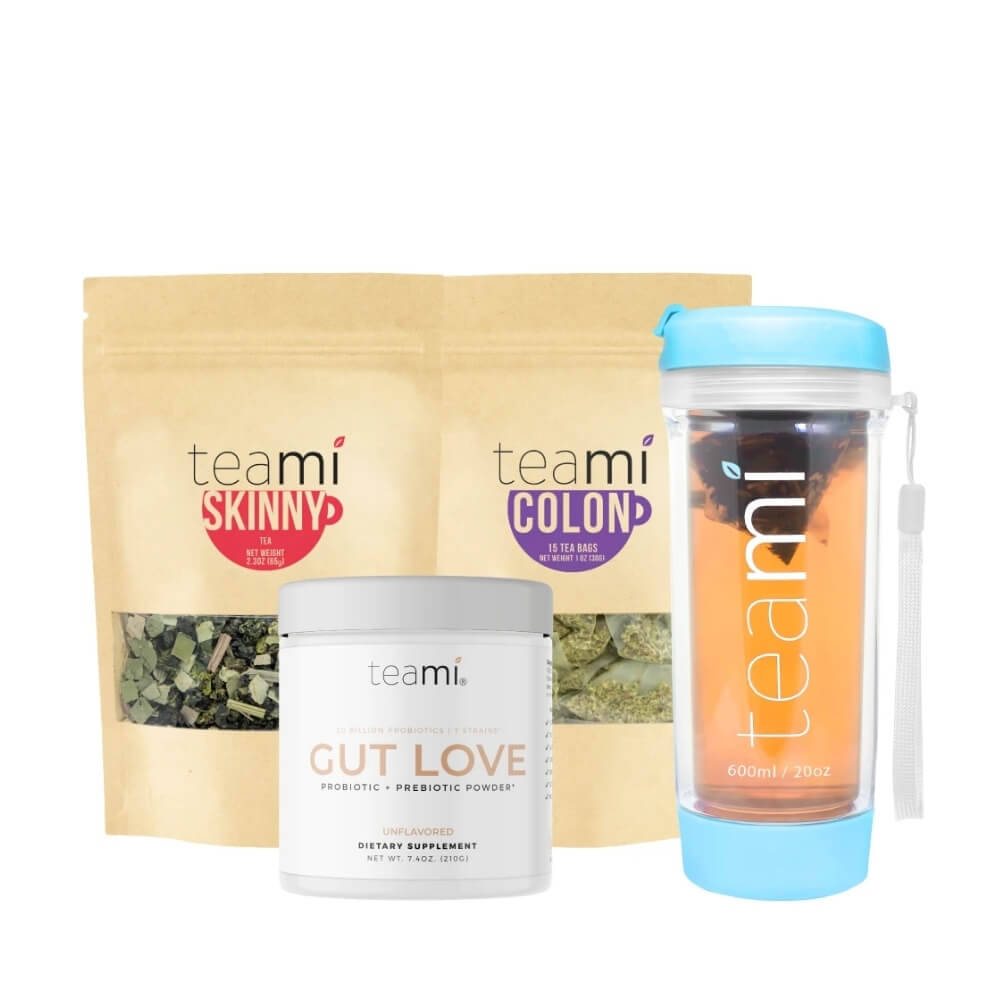 teami bye bye bloat kit which includes 30 day detox pack, gut love and teami tumbler