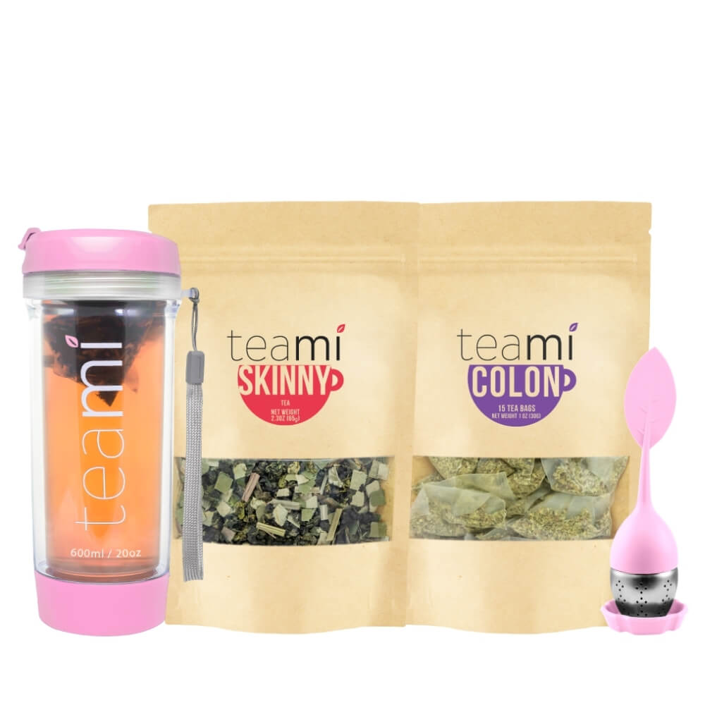 pink teami tea tumbler next to teami skinny tea and teami colon tea