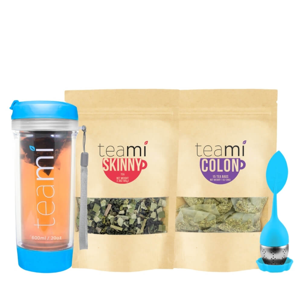 teami tea tumbler next to teami skinny and teami colon tea