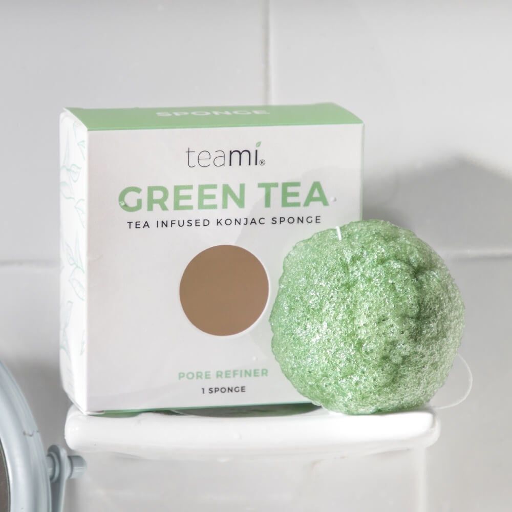 Packaging and Teami tea infused konjac sponge in bathroom