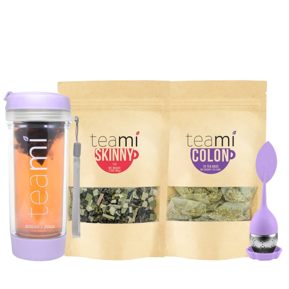 purple teami tea tumbler next to teami skinny and teami colon tea