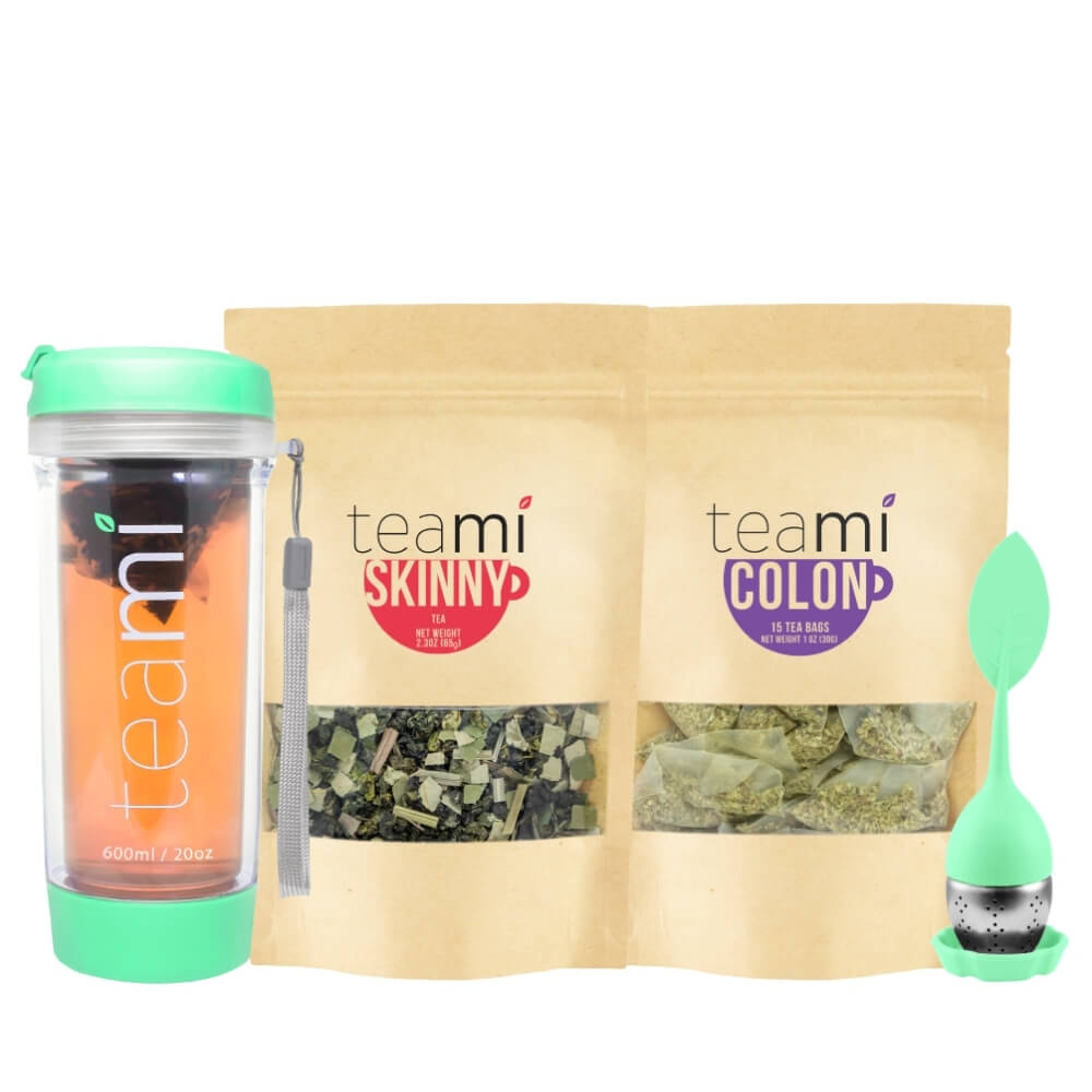 mint green teami tea tumbler next to teami skinny and teami colon tea