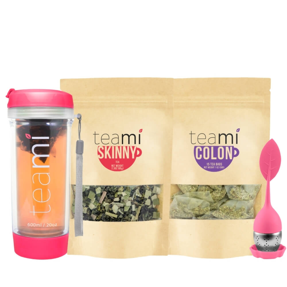 pink teami tea tumbler next to teami skinny tea and teami colon tea