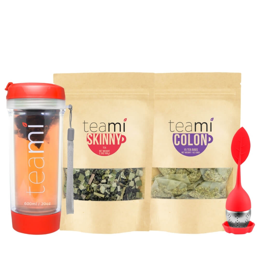 red teami tea tumbler next to teami skinny tea and teami colon tea