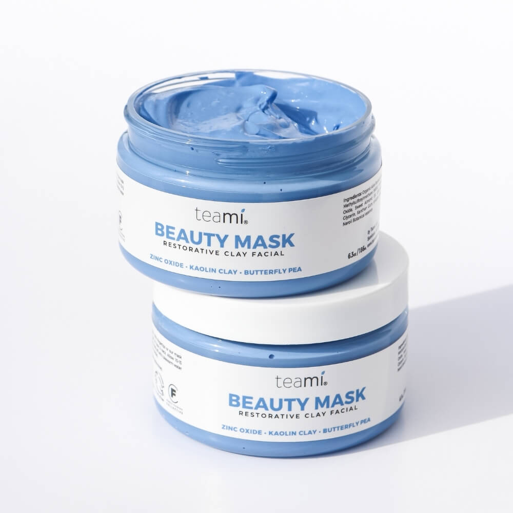 Two tubs of Teami beauty mask with zinc oxide, kaolin clay and butterfly pea