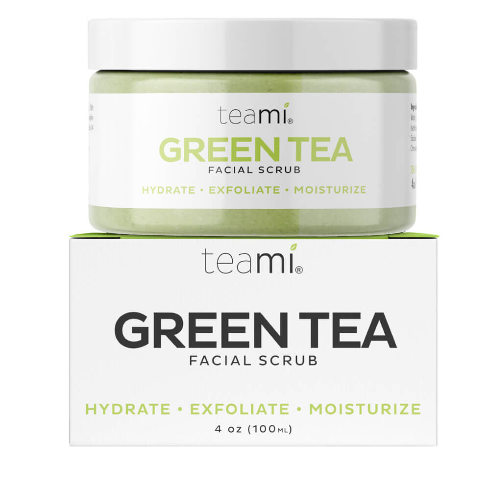 Teami green tea facial scrub on top of packaging box