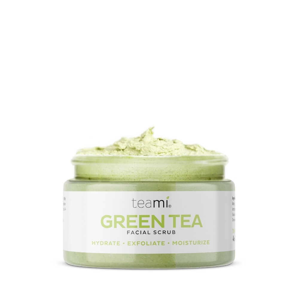 Teami green tea facial scrub with lid off on white background