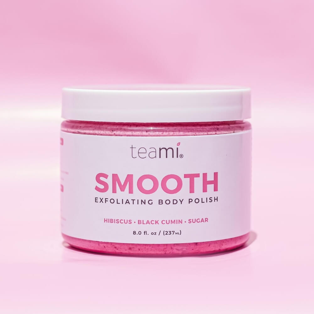 Teami smooth body polish pot on pink background