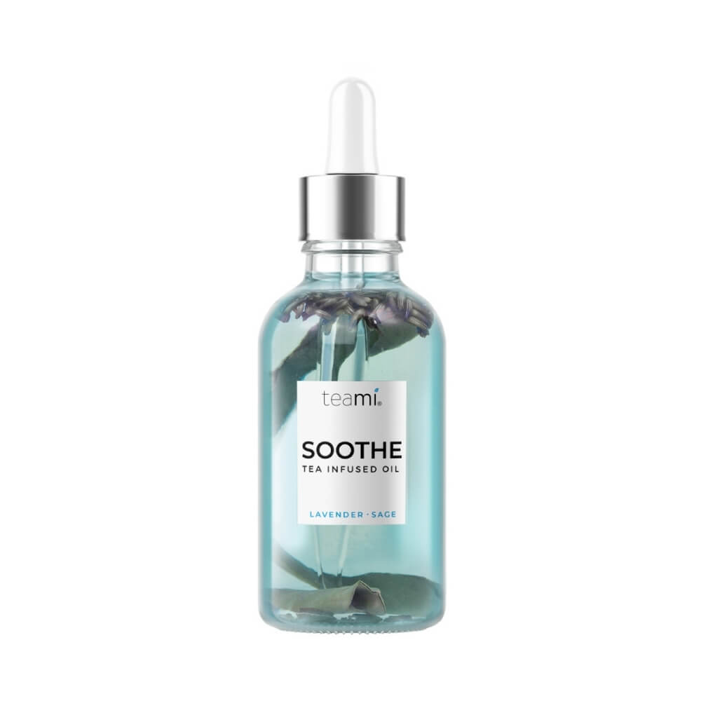 Bottle of Teami soothe oil on white background