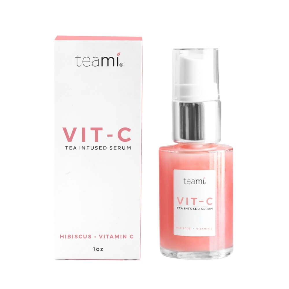 bottle of Teami hibiscus infused vit c serum next to box on white background