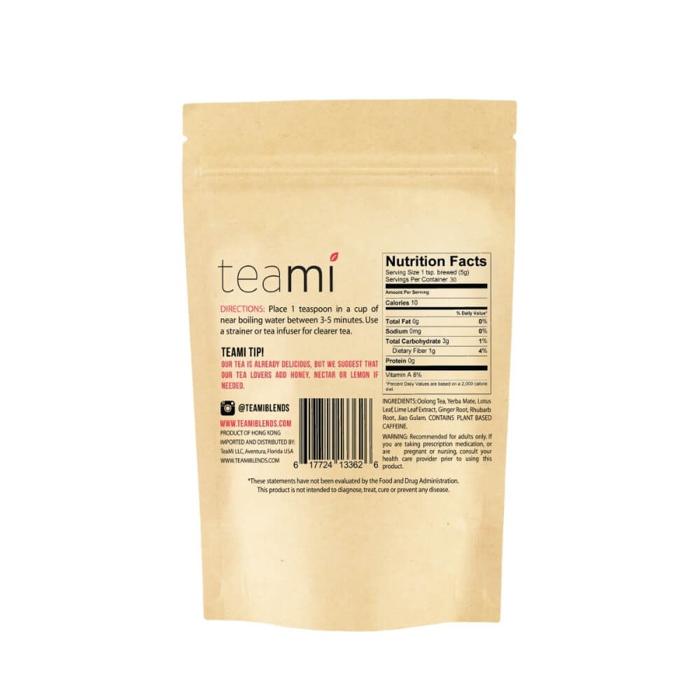 teami skinny tea back of the packaging showing the nutrition facts and how to use