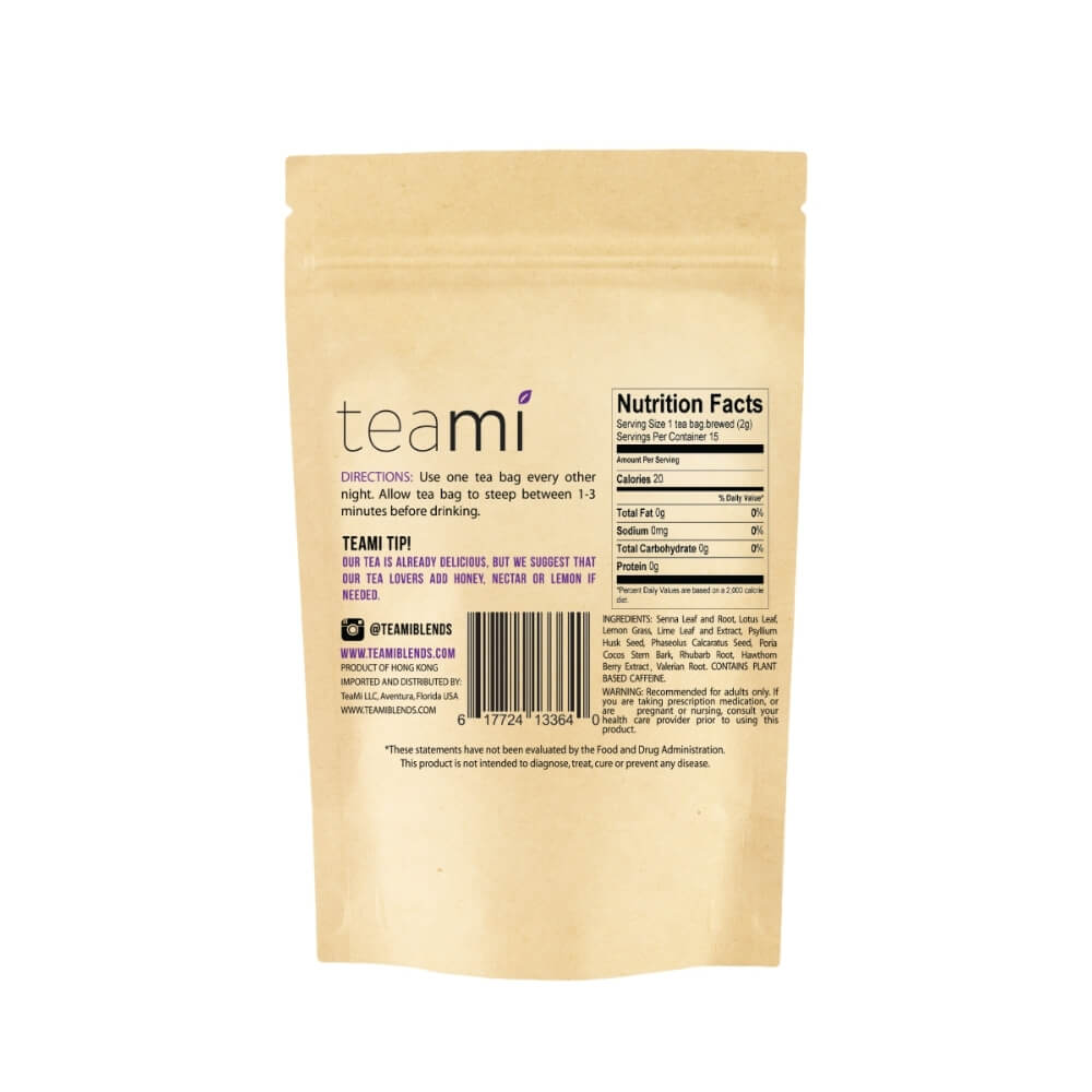 teami colon tea back of the packaging showing the nutrition facts and how to use