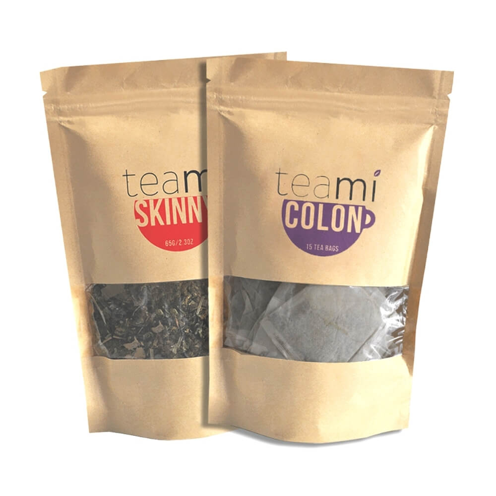 teami colon tea and teami skinny tea packages next to each other