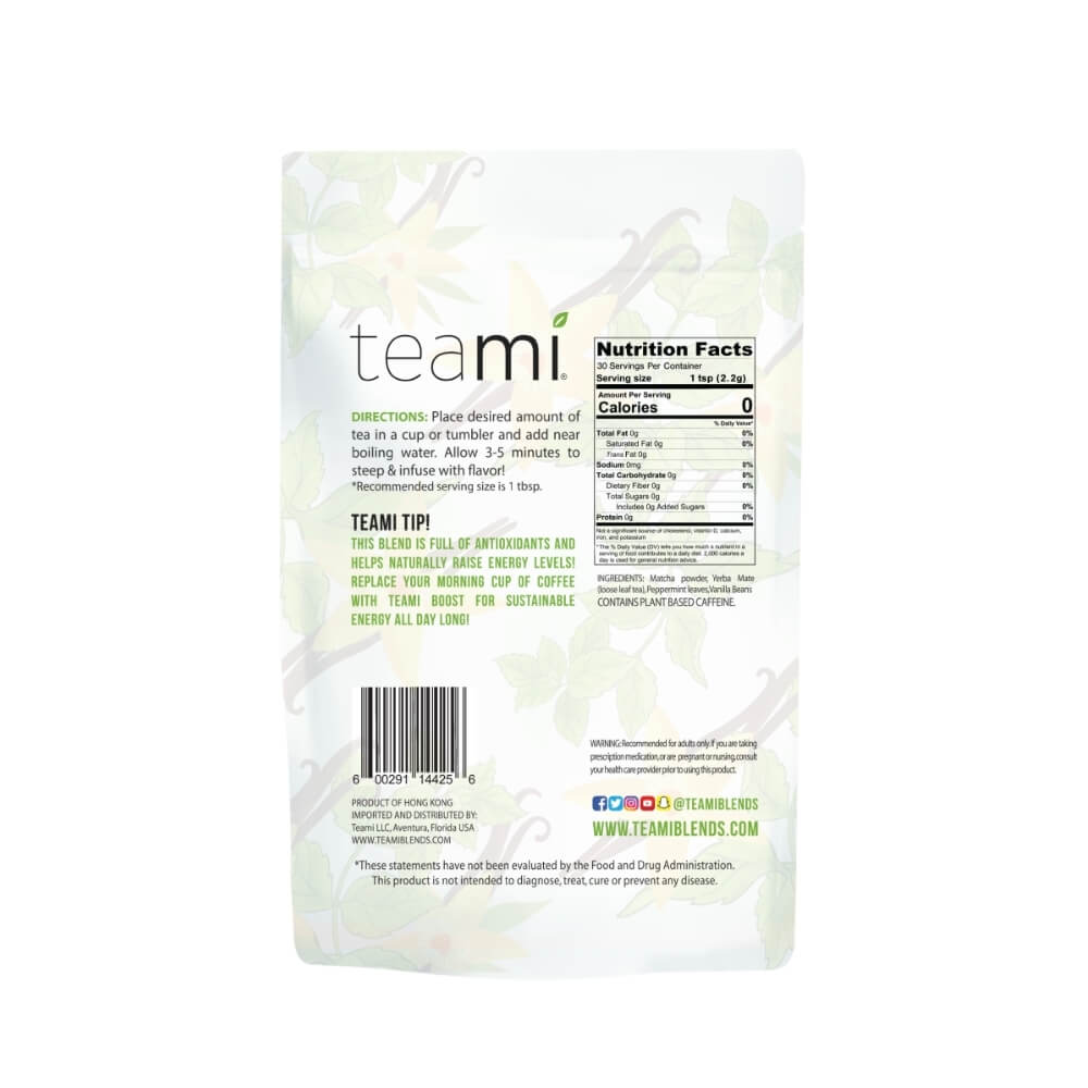 Back of Teami boost tea pack with nutritional information