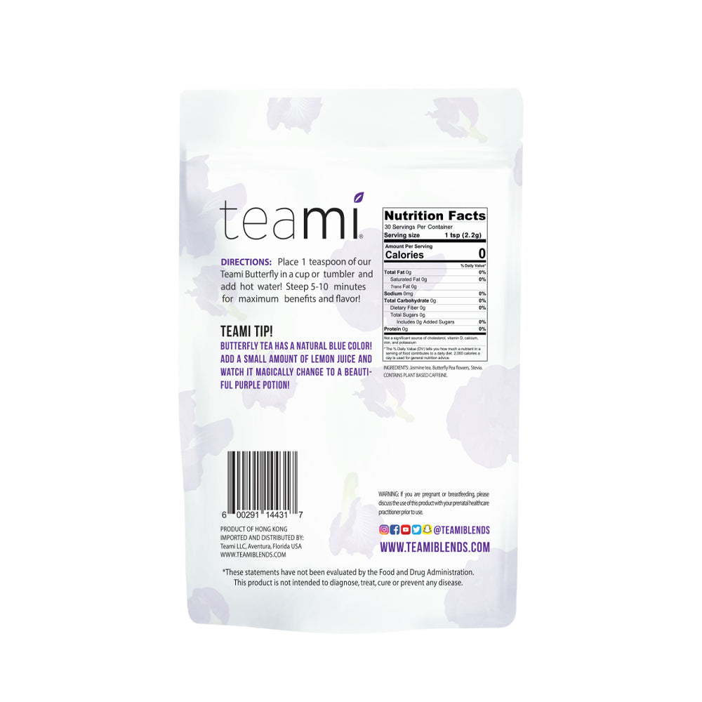 back of the teami butterfly tea package
