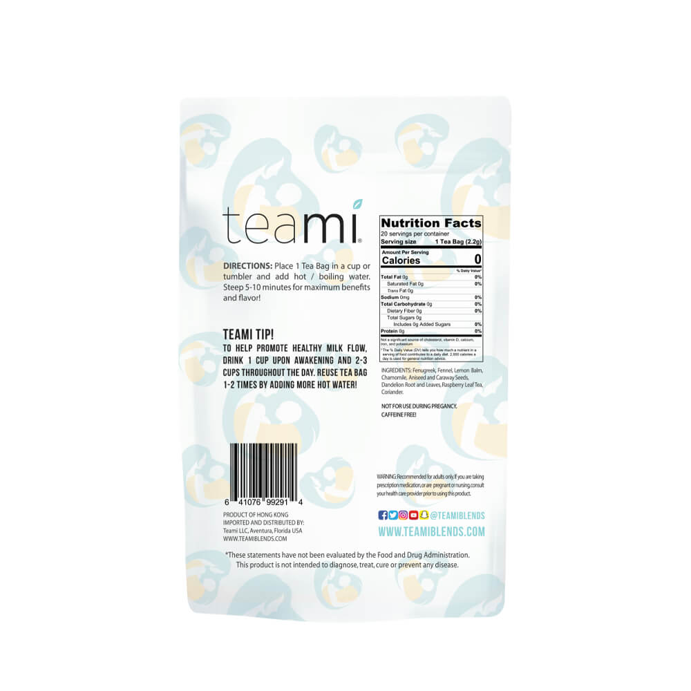 Reverse side of Teami nursing tea blend packaging