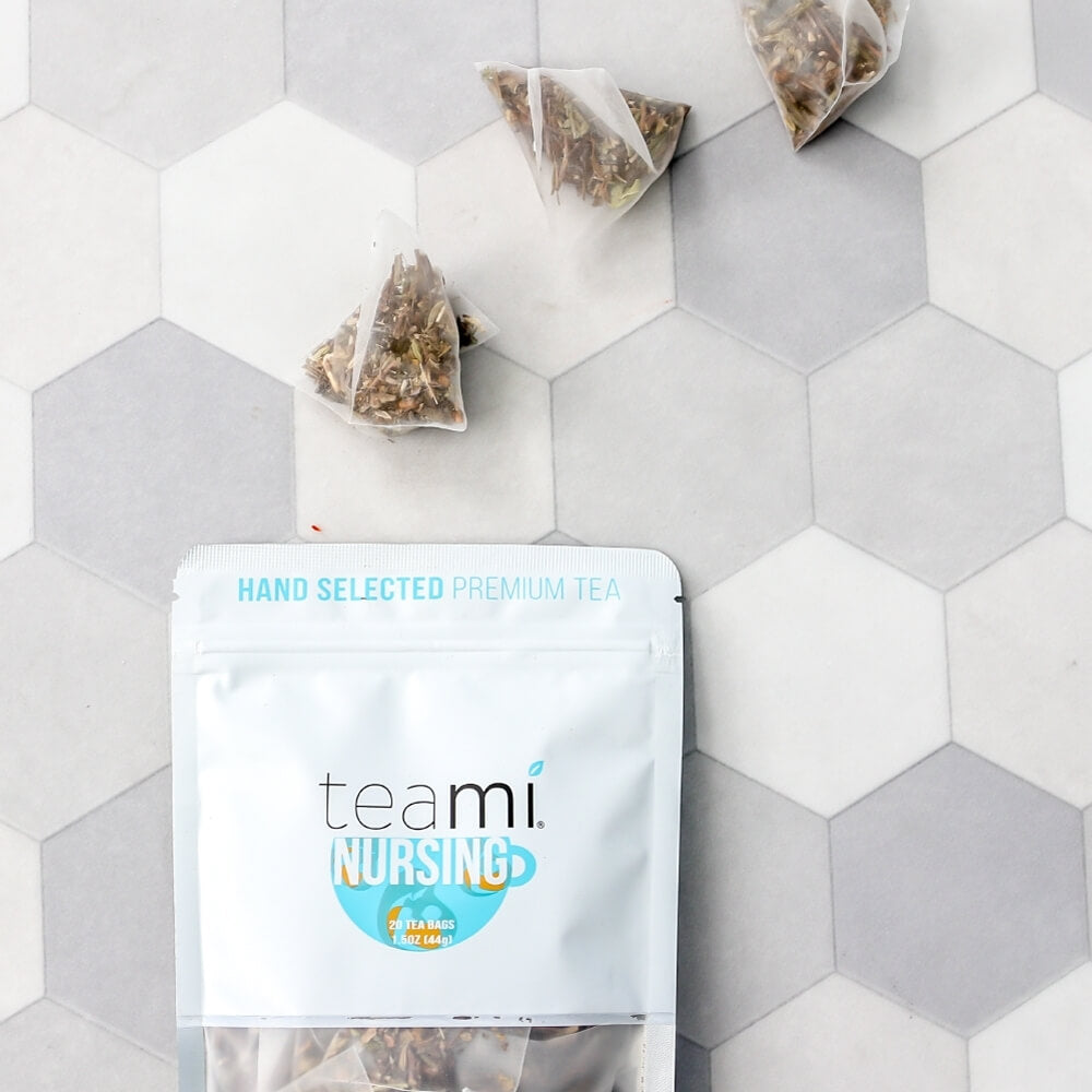 open pack of Teami nursing tea blend with tea bags spilling out