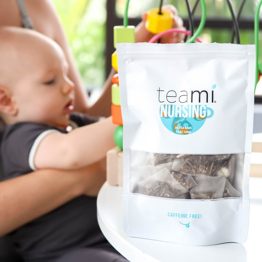 pack of Teami nursing tea blend with child playing in the background