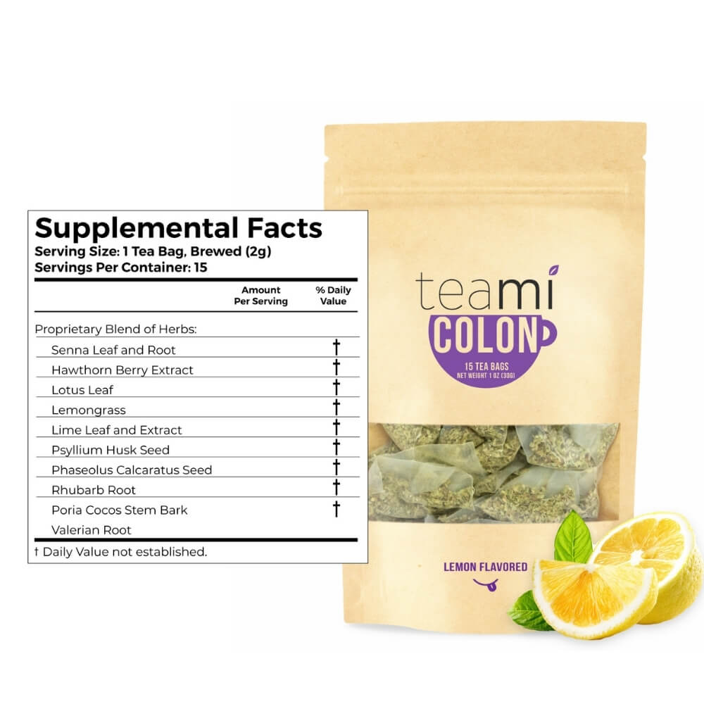 teami colon tea package next to its supplemental facts