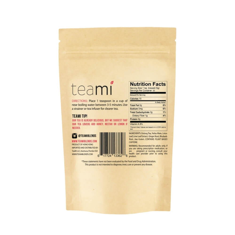 back of the teami skinny tea package showing nutrition facts and directions to use