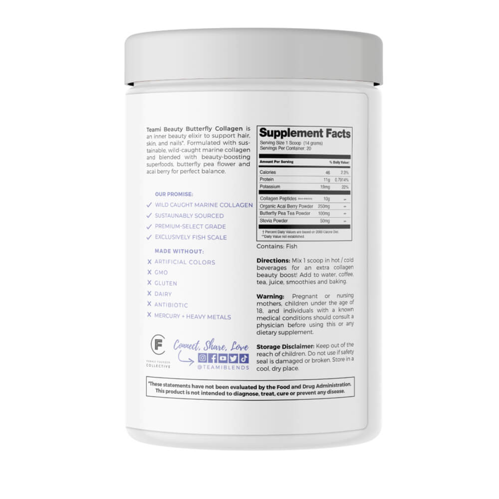 reverse side of tub of Teami beauty butterfly collagen on white background 