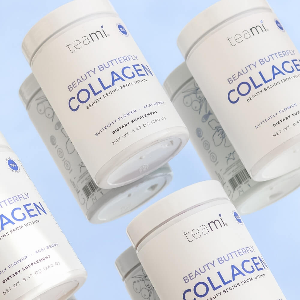 tubs of Teami beauty butterfly collagen lying on blue background