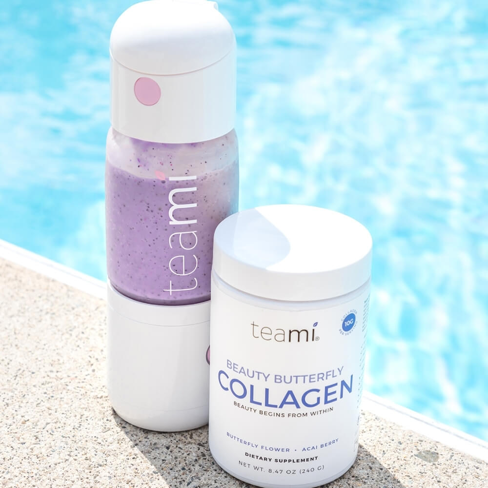tub of Teami beauty butterfly collagen next to Teami MIXit blender by poolside