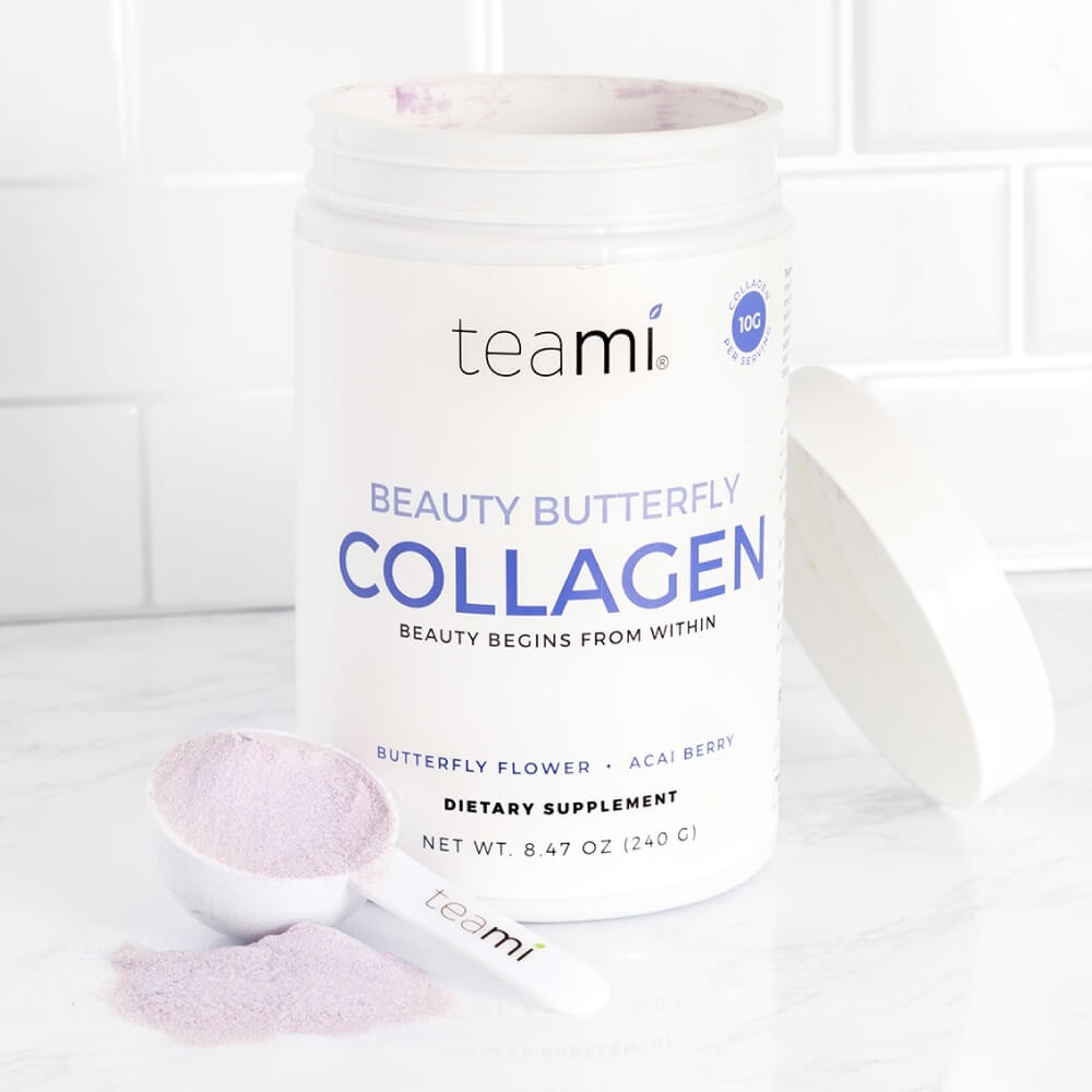 tub of Teami beauty butterfly collagen on kitchen counter