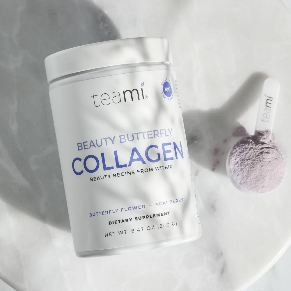 tub of Teami beauty butterfly collagen on marble surface