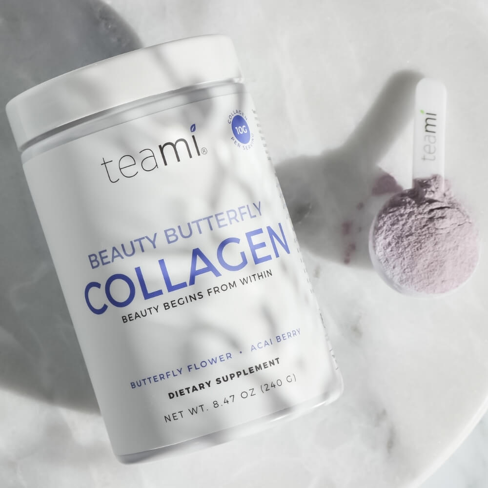 tub of Teami beauty butterfly collagen on marble surface