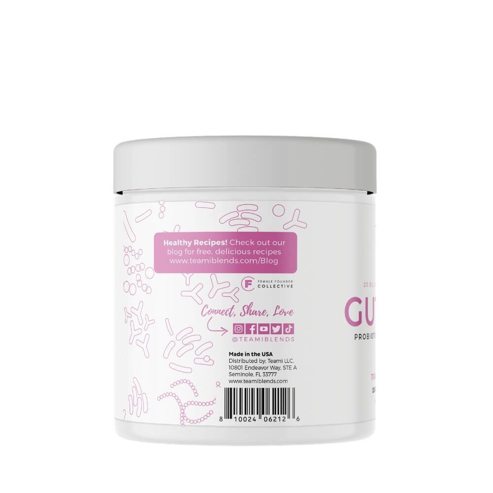 reverse side of tub of Teami Gut Love triple berry flavour on white background 