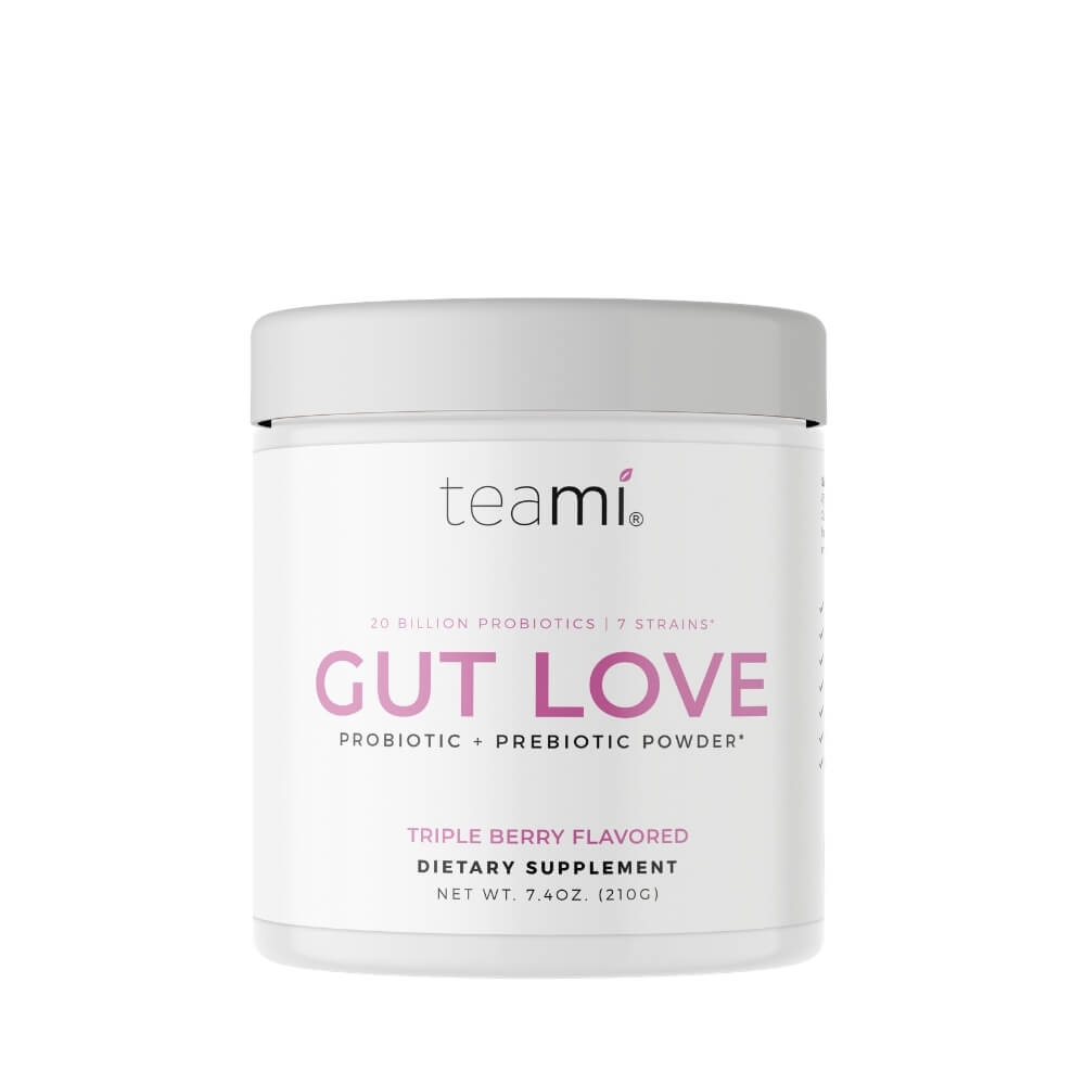 tub of Teami Gut Love triple berry flavour on white background