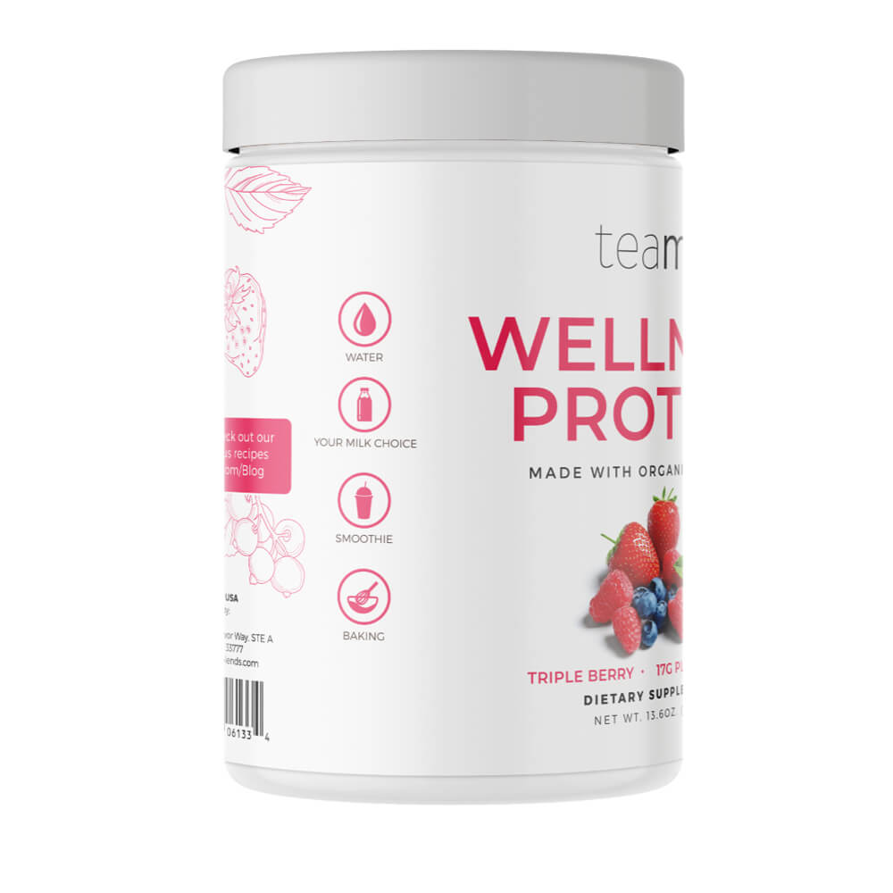 Tub of Teami wellness protein triple berry flavour packaging side view
