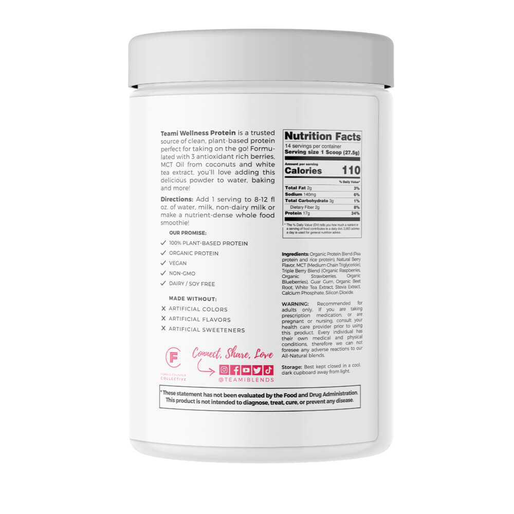Tub of Teami wellness protein triple berry flavour packaging reverse view including nutrition information