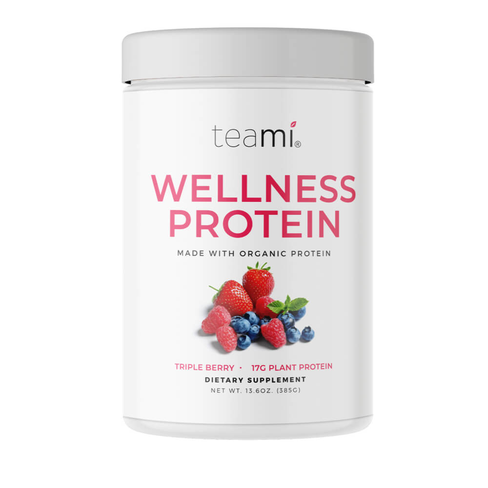 Tub of Teami wellness protein triple berry flavour on white backgrround