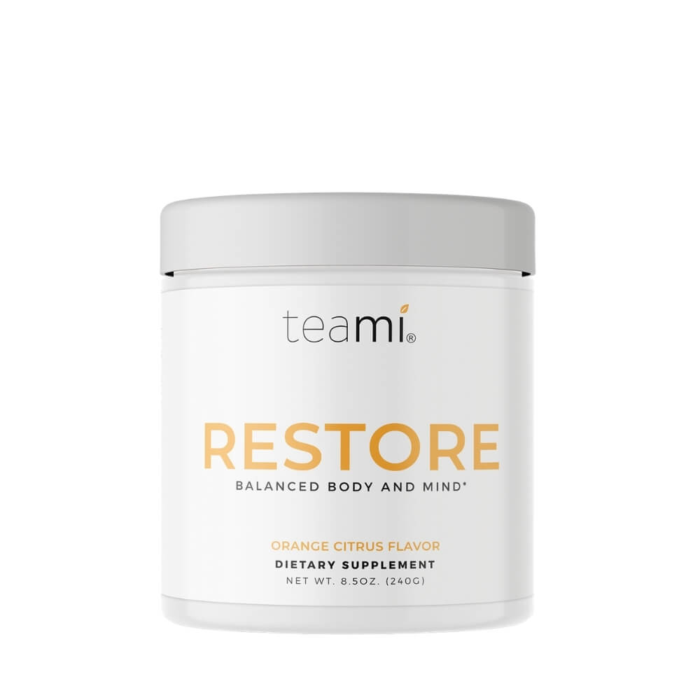 tub of Teami Restore supplement on white background
