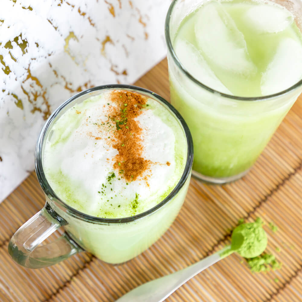 glass tumbler of matcha drink