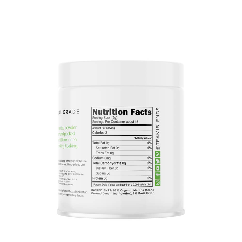 reverse side of tub of Teami wellness matcha powder blueberry flavour on white background 