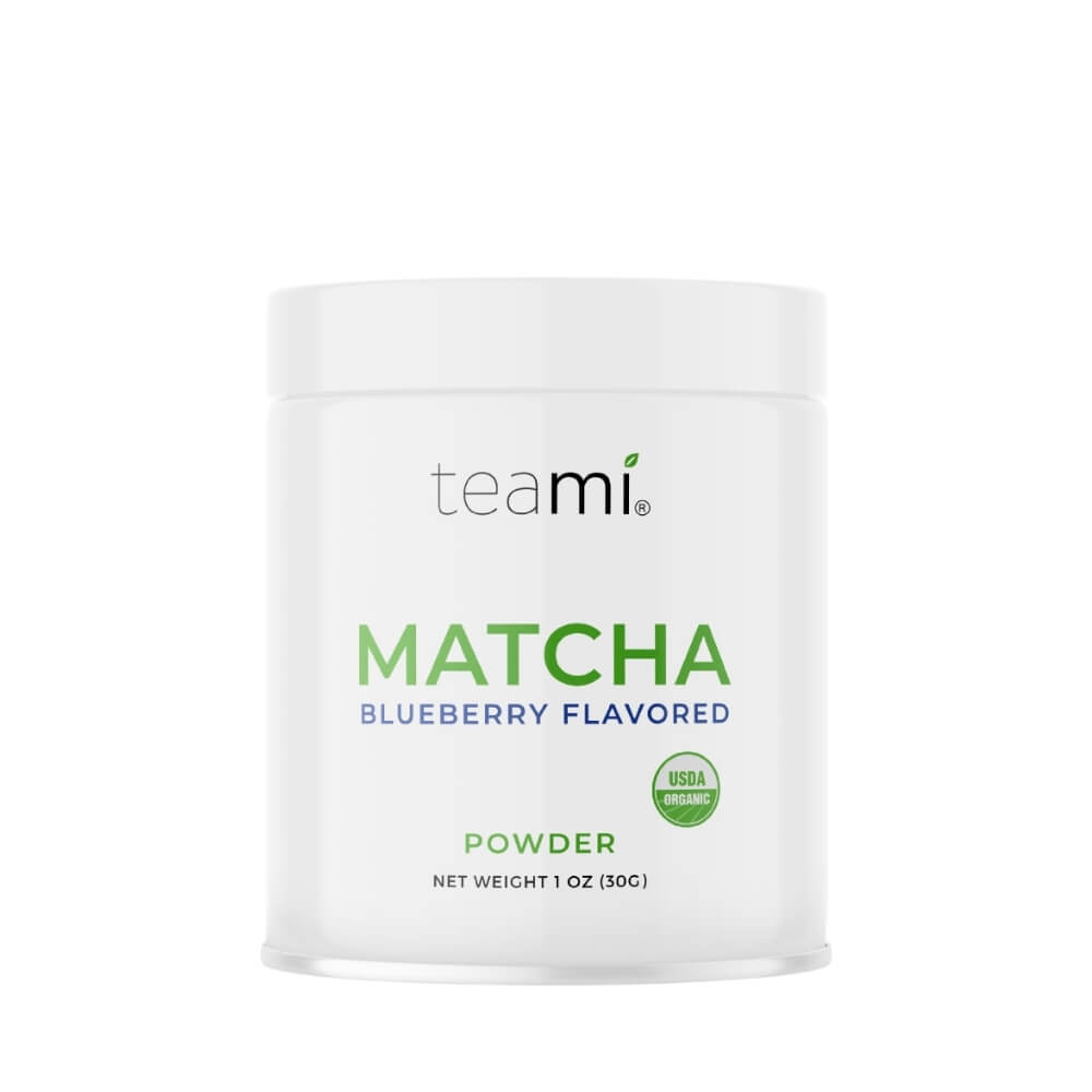 tub of Teami wellness matcha powder blueberry flavour on white background 