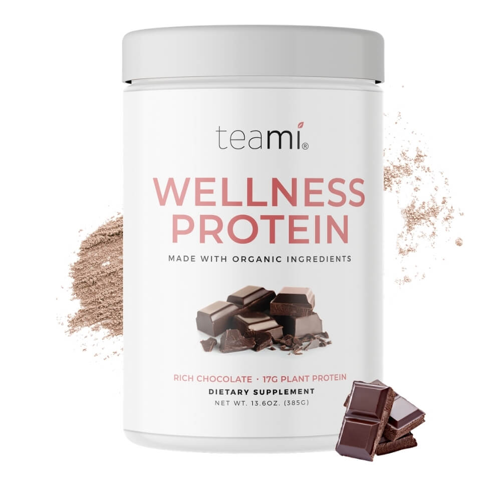 tub of teami plant based wellness protein, rich chocolate flavour