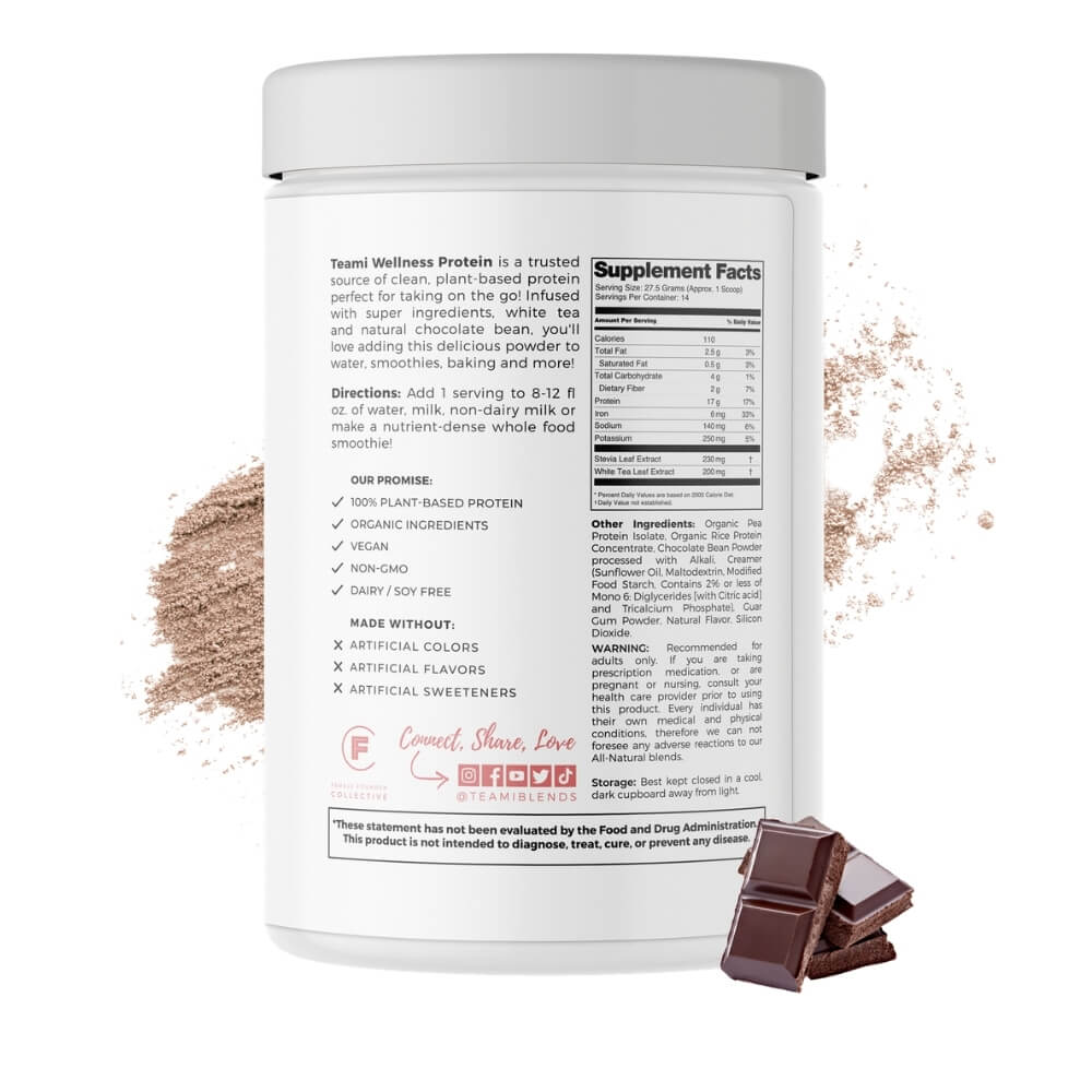 back of tub of teami plant based wellness protein, rich chocolate flavour including ingredients and nutrition information