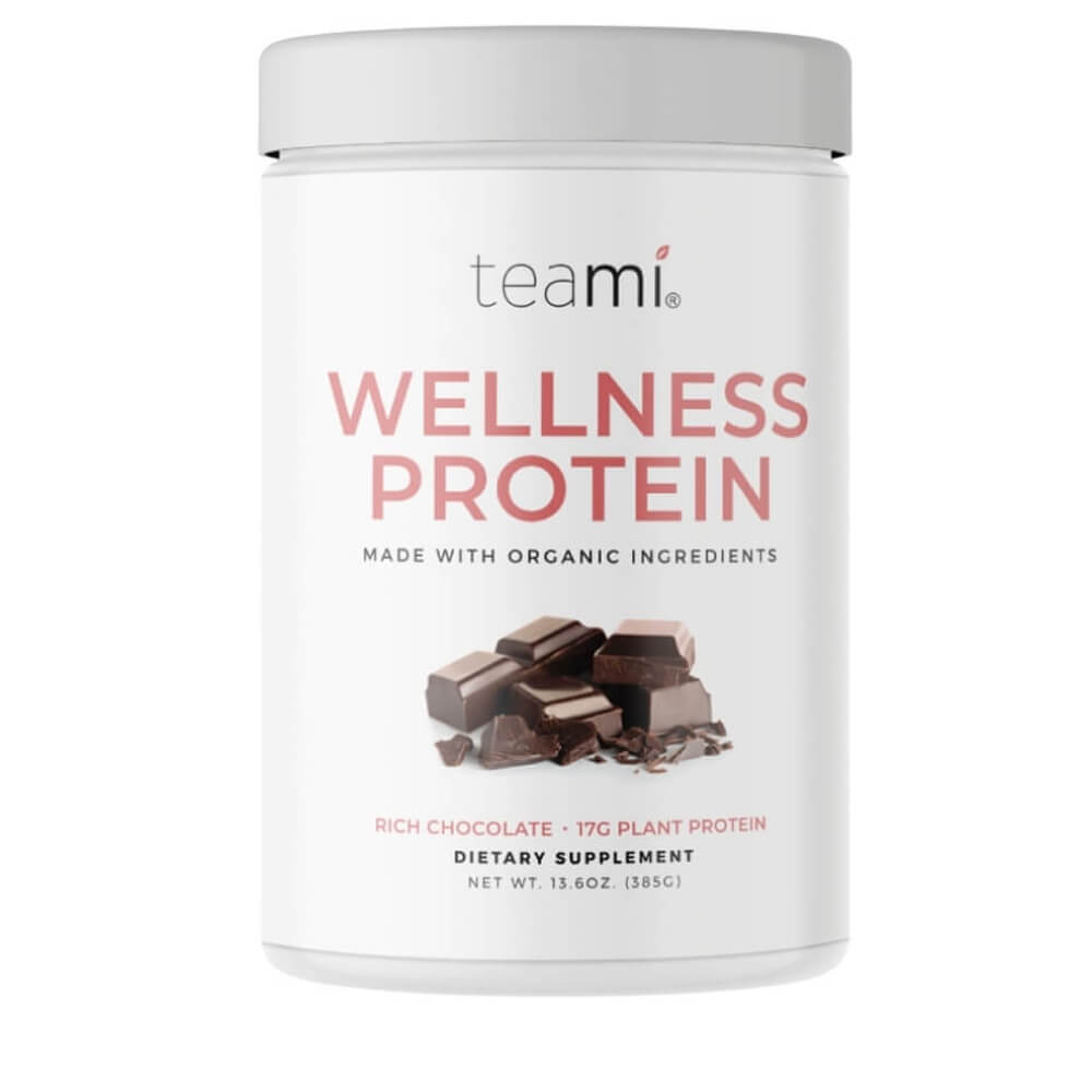 tub of teami plant based wellness protein rich chocolate flavour