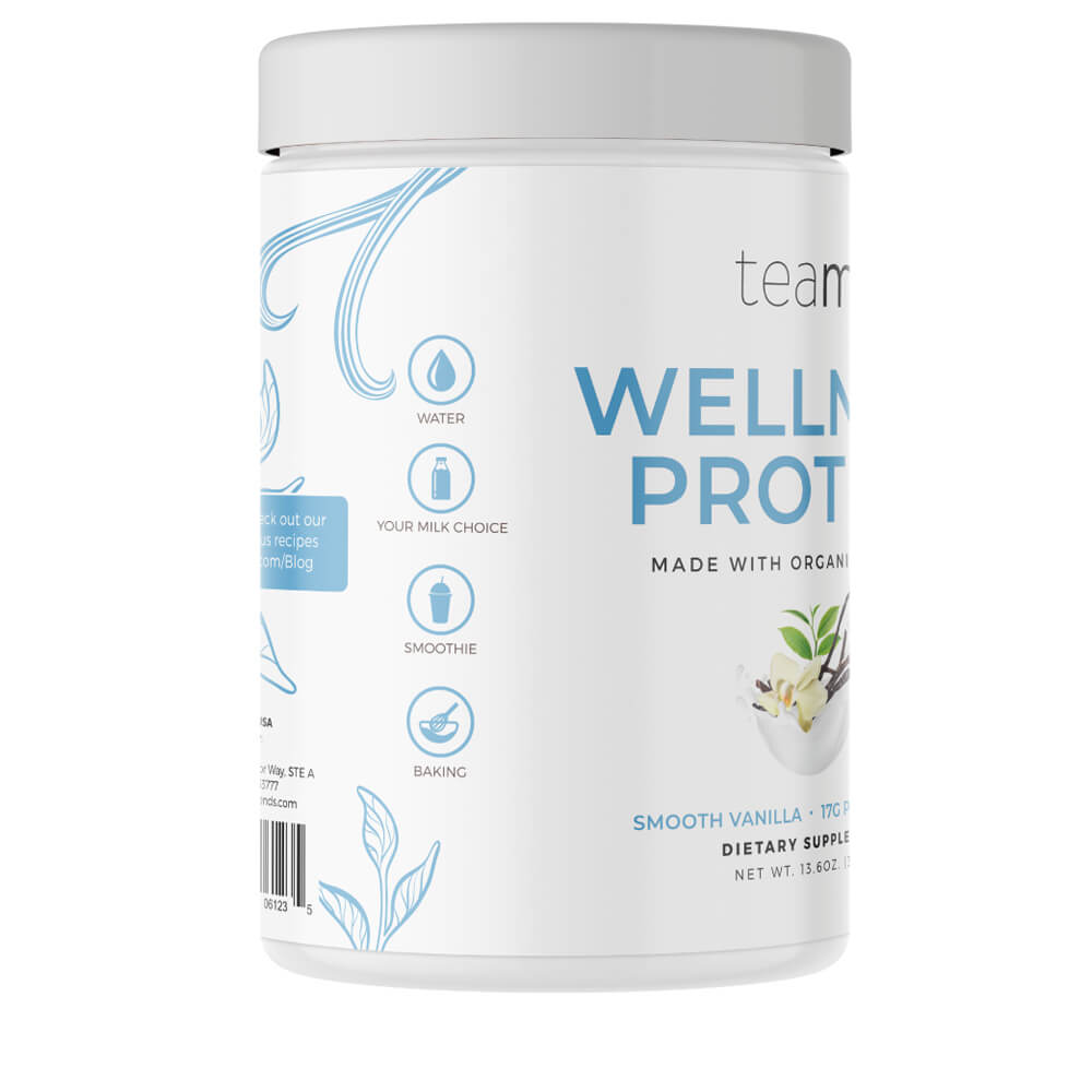 Side view of tub of teami wellness protein smooth vanilla flavour