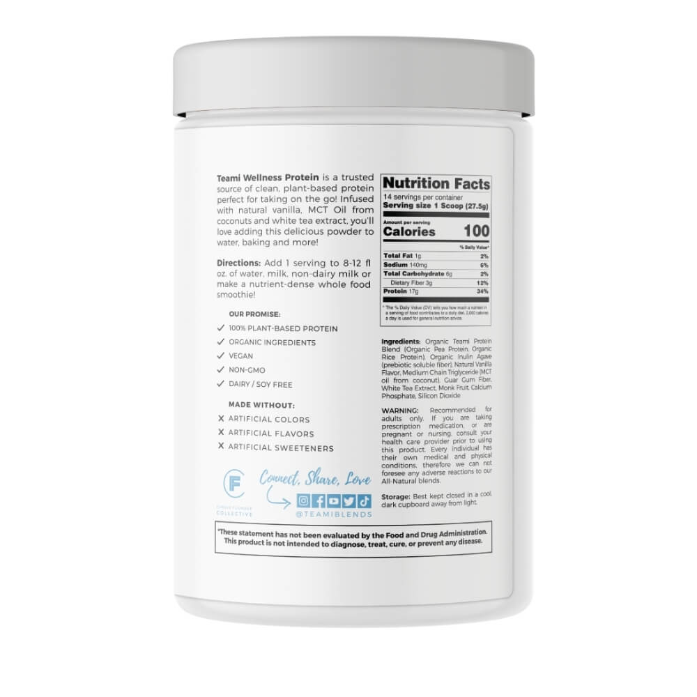 Back of tub of teami wellness protein smooth vanilla flavour including ingredients and nutritional information