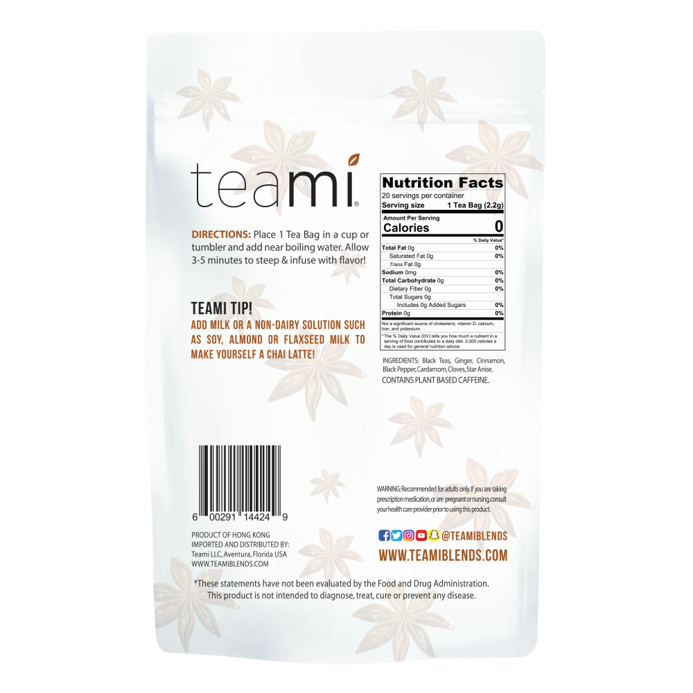 back of the teami chai tea package showing nutrition facts and directions to use