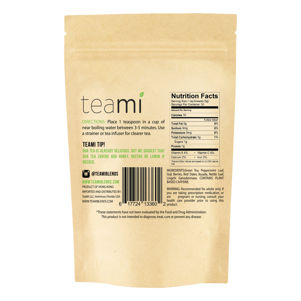 back of the teami profit tea package showing nutrition facts and directions to use
